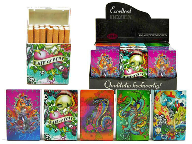 Zigarettenboxen "Tattoo", für 20 Zigtt., 12er Display, mit einer Tast-Funktion