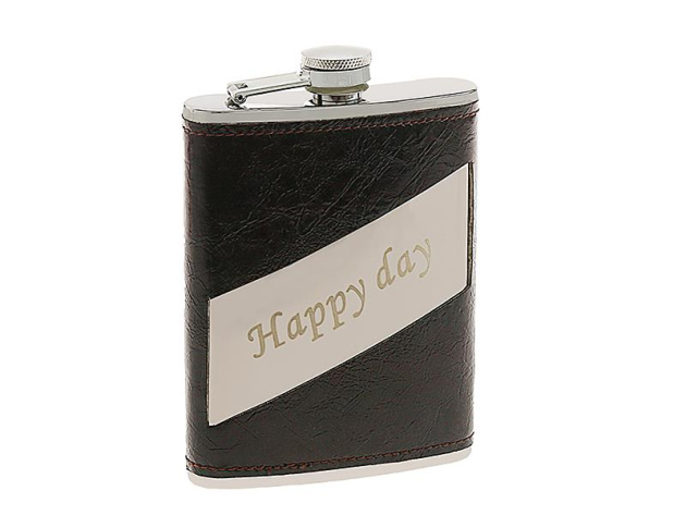 Flachmann "Happy Day - Lederoptik-Textur" Schwarz 8oz
