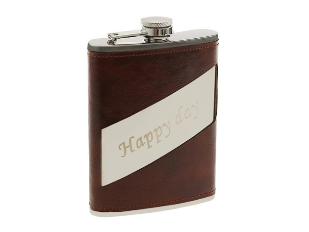 Flachmann "Happy Day - Lederoptik-Textur" Braun 8oz