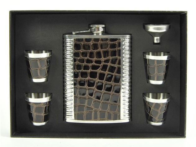 Flachmann "Chrom-Kroko" 8oz Geschenkset incl. 4 Trinkbecher und 1 Trichter