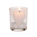 Heart-Shaped Candle in Glas with decoration, 6 x 5 cm, 3 colours assorted, 12 pcs. Display