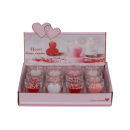 Heart-Shaped Candle in Glas with decoration, 6 x 5 cm, 3 colours assorted, 12 pcs. Display