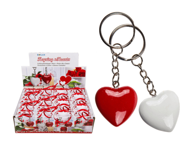 Metal-Key Chain with Polyresin-Herz, 3,5 cm, assorted (red and white) in gift bag, 24 pcs. Display