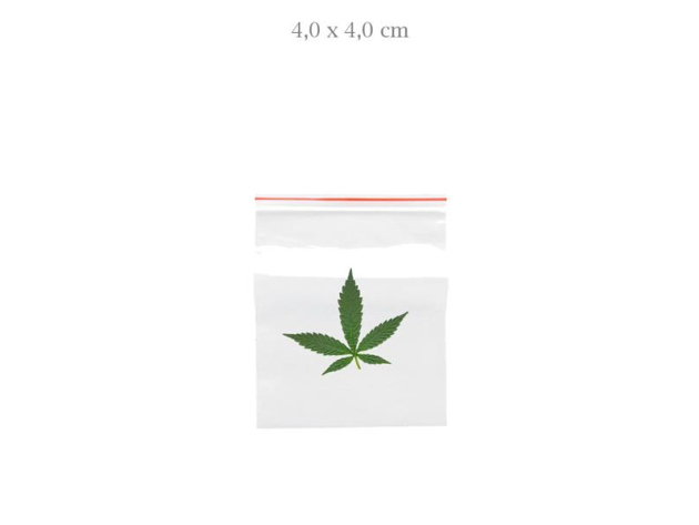 Poly Bag with hemp leaf, 40 x 40 mm, 10 x 100 pcs. pack