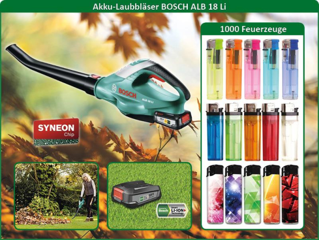 Aktion 1000 Feuerzeuge + BOSCH Akku-Laubbläser ALB 18 Li