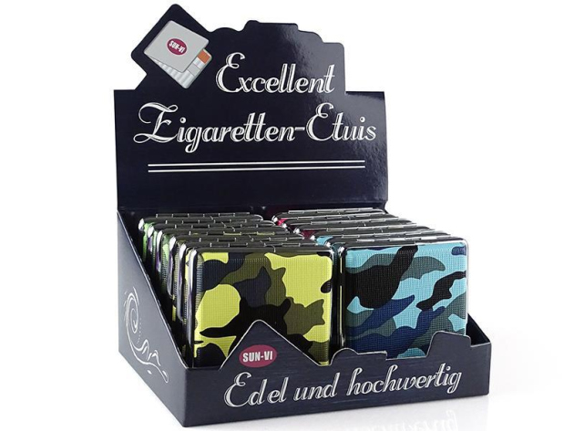 Cigarette Case display 12x "Camouflage" with rubber band, capacity 20 cigarettes