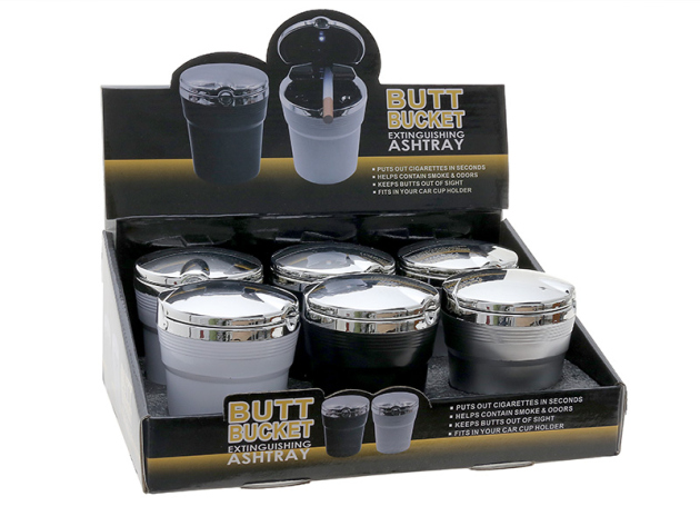 Car-Ashtray "Dark Edition" with LED, 2-coloured assorted, 6p display