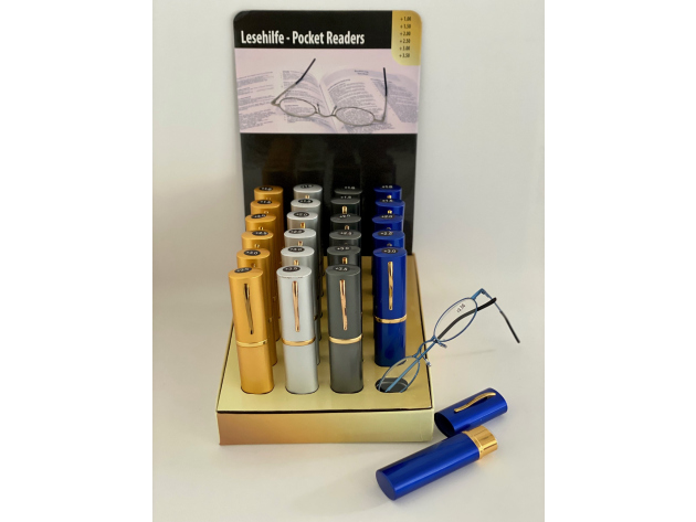 Lesebrillen im Etui, diverse Farben, versch. Stärken, 24er Display*