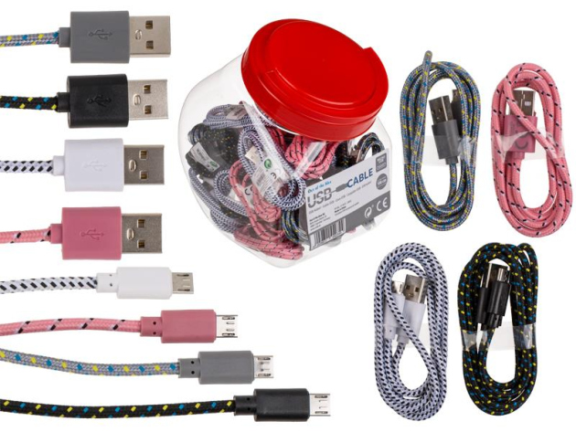 Ladekabel USB auf USB-Micro, ca. 1m,  in Kunststoff-Dose, 36er Set, 4-fach sortiert
