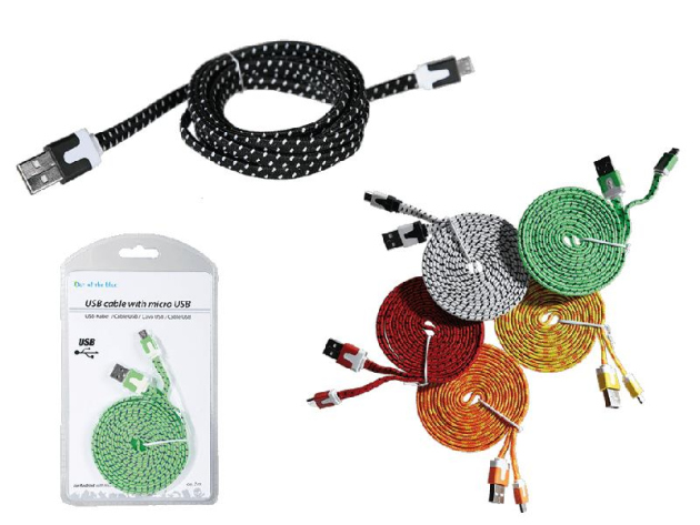 Ladekabel USB auf Micro-USB mit Textilummantelung, ca. 2m, 6-fach sortiert