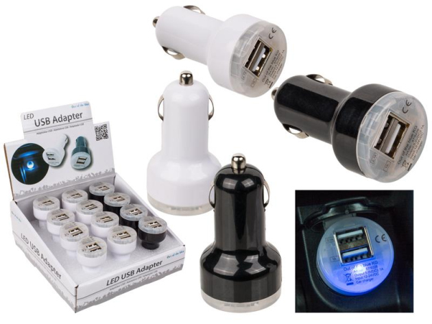 KFZ-Adapter 2x USB mit LED, weiß und schwarz, 12er Display