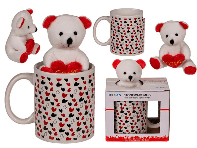 Weißer Becher mit Herzchen & Plüsch-Teddy