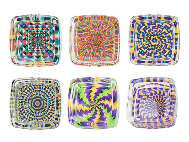 Glasaschenbecher Quadratisch - 6 Motive, Ø 9 cm, 6er Display