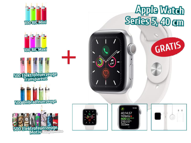 Aktion 1.700 Feuerzeuge + Apple Watch Series 5 (GPS, 40 mm) Aluminiumgehäuse Silber - Sportarmband Weiß