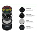 Grinder "Hanfblätter" Metall; 4-tlg.; schwarz mit farbigem Deckel; 52 x 35 mm