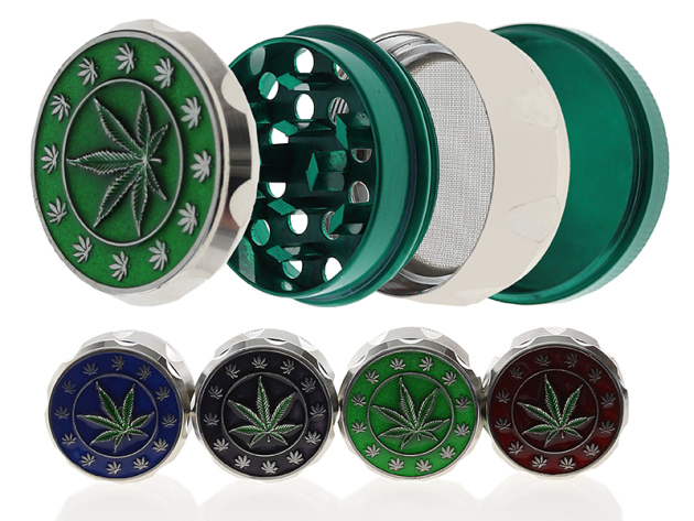 Grinder "Hanfblatt" Metall, Silber mit Rot/Blau/Schwarz/Grün; 4-tlg.; 44 x 34 mm, einzeln