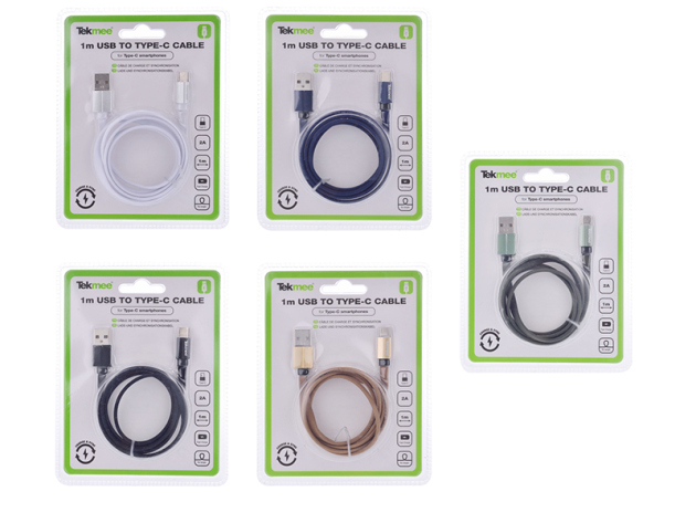 Tekmee Ladekabel USB auf USB-C, Flat, Nylon, 1m, versch. Farben