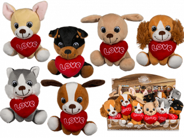 Plüsch Hunde mit Herz, sitzend, ca. 14 cm, 12er Display