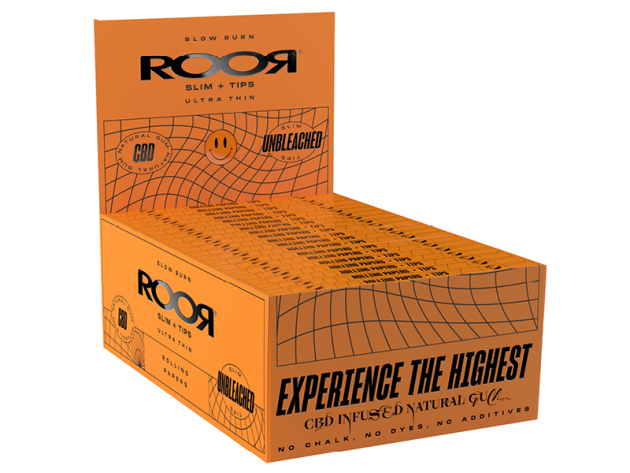 RooR Rolling Paper - Slim - unbleached; Display mit 32 Heftchen á 32 Blatt + Tips
