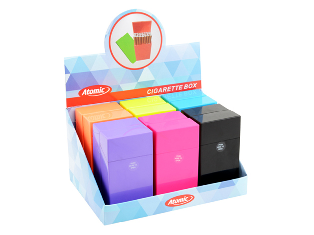 Zigarettenboxen "Glänzend" für 20 Zig./100mm, Sprung Deckel, 6 farben sort. 12er Display