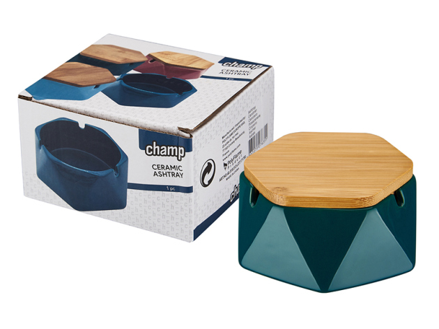 Keramikaschenbecher "Dreieck" rund mit Holzdeckel; Ø 11,5 cm; einzeln