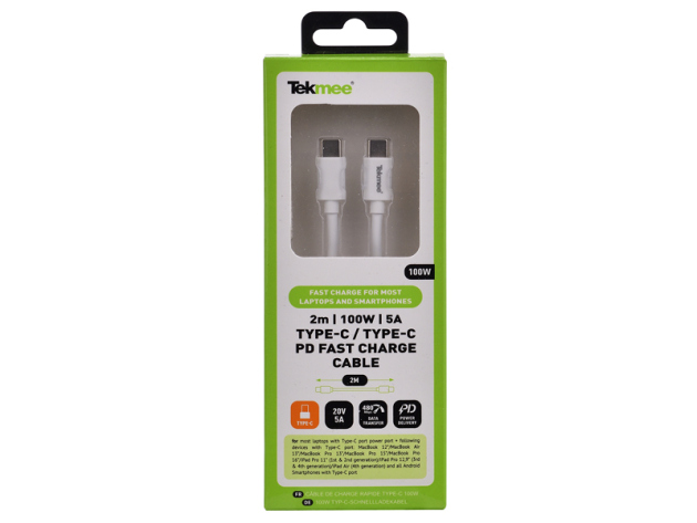 Tekmee Ladekabel USB-C auf USB-C, 2m, weiß