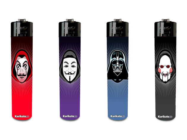 Reibradfeuerzeuge "Masken" 24er Display