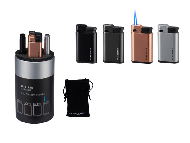 Metallfeuerzeuge "Stockholm" Jet-Flame, inkl. Präsentierbox u. Beutel (8 Feuerz.,/4 Farb.)