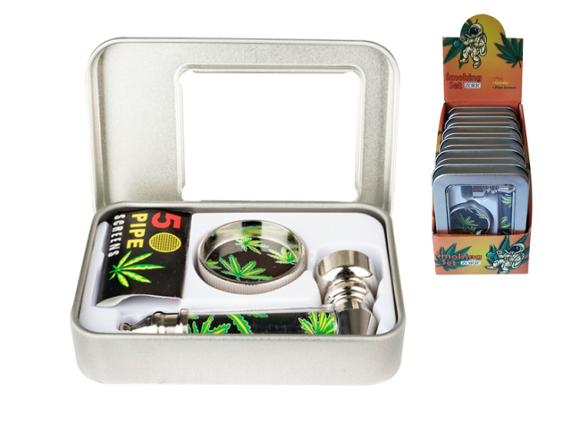 Handpfeifen-Set "Hanfblatt", mit Grinder und Ersatzsieben