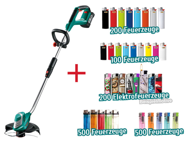 Aktion 1500 Feuerzeuge + Bosch Home and Garden Akku Rasentrimmer