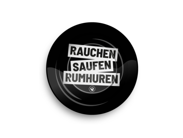 Aschenbecher "Rauchen saufen rumhuren" aus Metall, Ø 14 cm