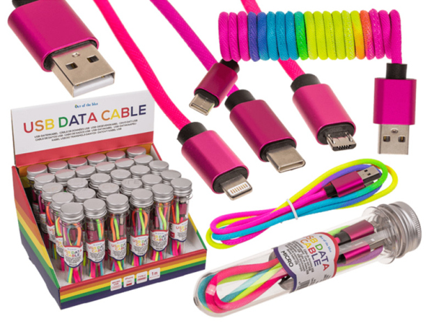 Ladekabel USB auf Lightning, Typ C oder Micro, sortiert, ca. 1 m, regenbogenfarbig, 30er Display