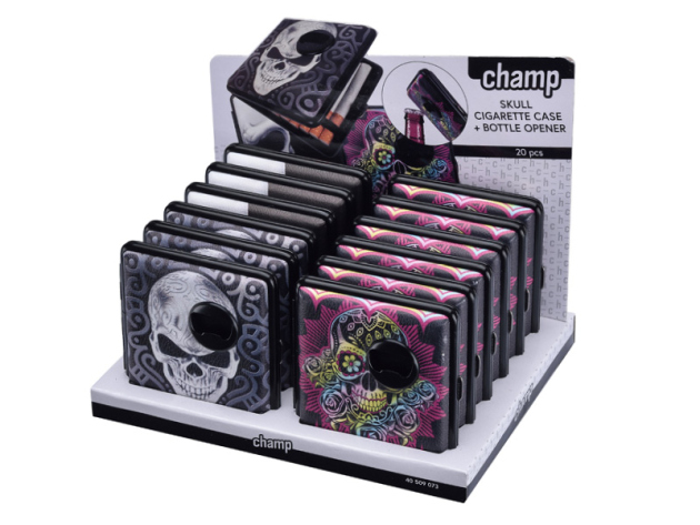 Zigarettenetui "Skull" für 20 Zig., mit Gummiband, mit eingeb. Flaschenöffner, 3-fach sortiert, 12er Display