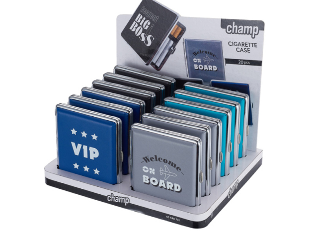 Zigarettenetui "Big Boss" für 20 Zig., mit Gummiband, 4-fach sortiert, 12er Display