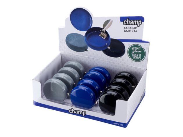 Taschenascher "Silber/Blau/Schwarz", 3-fach sortiert, 12er Display