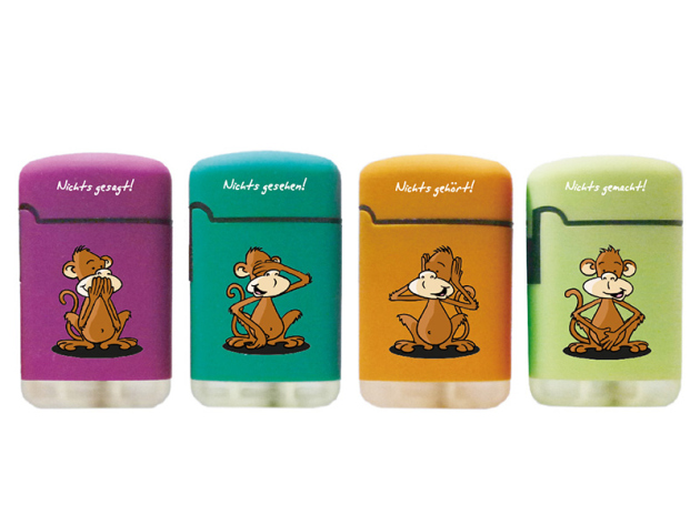 Sturmfeuerzeuge "Affen" 4-fach sortiert, 20er Display