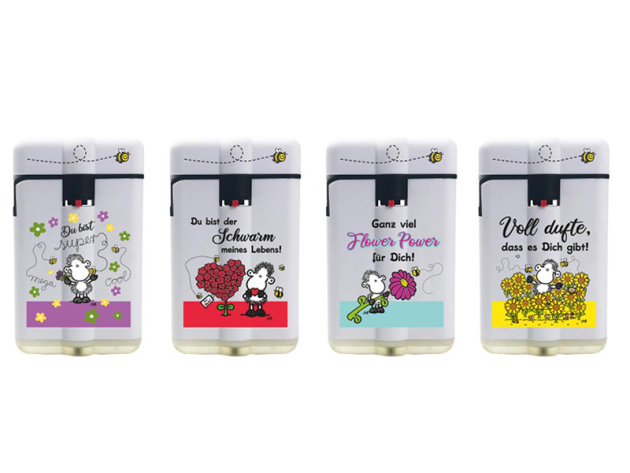 Sturmfeuerzeuge "Sheepworld Flower" Powerflat Rubber - 4-fach sortiert; 12er Display