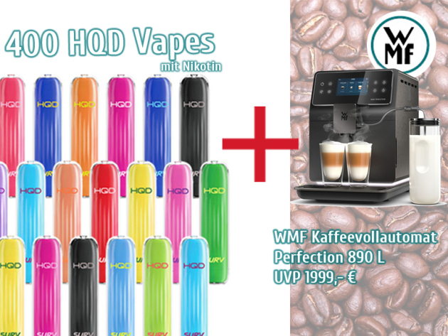 400 Stück HQDs SURV mit Nikotin - versch. Sorten + WMF Kaffeevollautomat Perfection 890 L