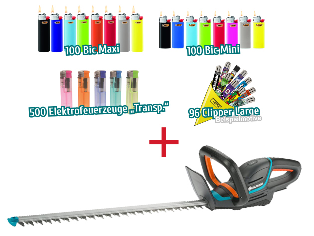 Aktion 796 Feuerzeuge + Gardena Akku-Heckenscherer