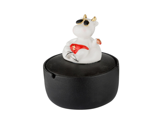 Aschenbecher "Kuh mit Deckel" 13 x 14 cm, schwarz-weiß, 2er Set