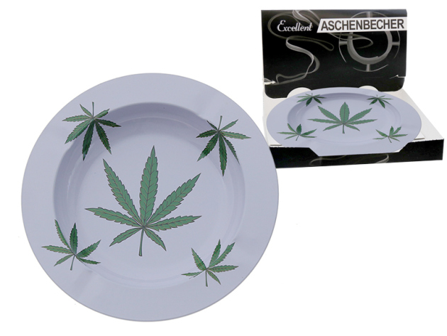 Aschenbecher "Hanfblätter" grün-weiß aus Metall, Ø ca.14 cm