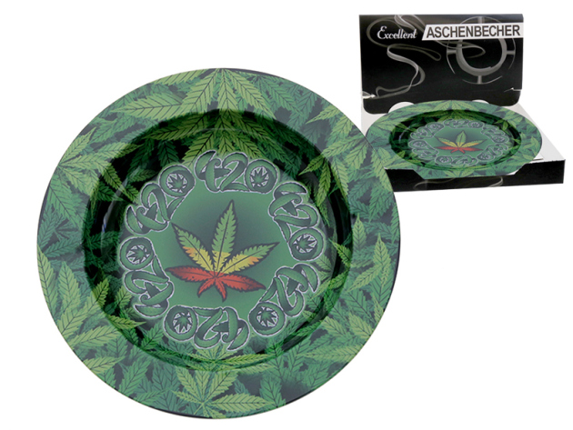 Aschenbecher "Hanfblätter" grün aus Metall, Ø ca.14 cm