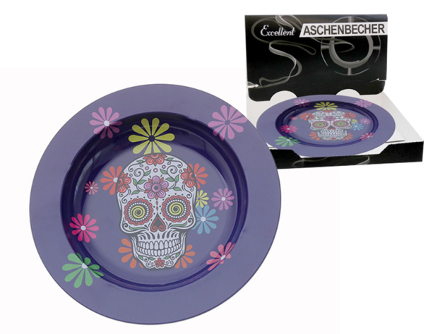 Aschenbecher "Skull & Flowers"  violett aus Metall, Ø ca.14 cm