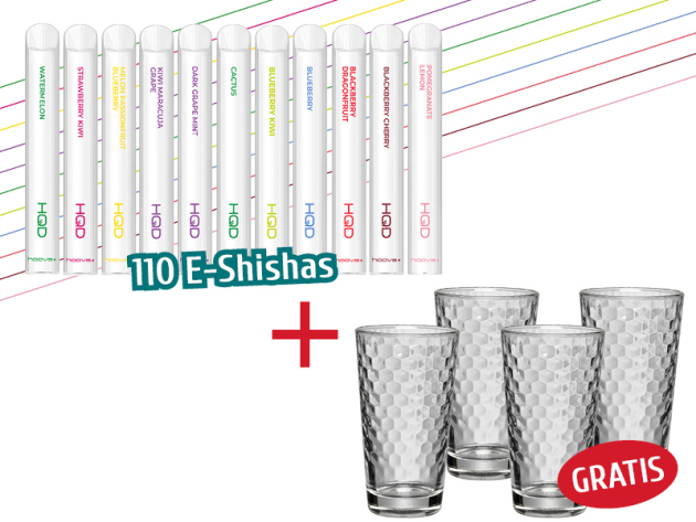 110x HQD Hoova+ mit Nikotin + WMF CoffeeTime Latte Macchiato-Gläser, 4 Stück GRATIS