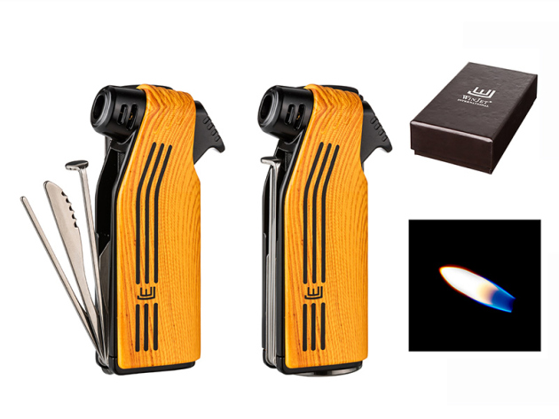 Pfeifenfeuerzeug Piezo; gelb; mit Besteck