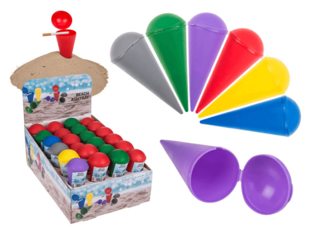 Autoaschenbecher "Strand" mit Deckel, Konische Form, 6-farbig sortiert 24er Display