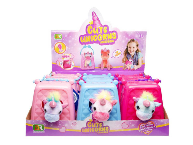 Plüsch Einhorn in der Tasche, 3-fach sortiert, 9er Display