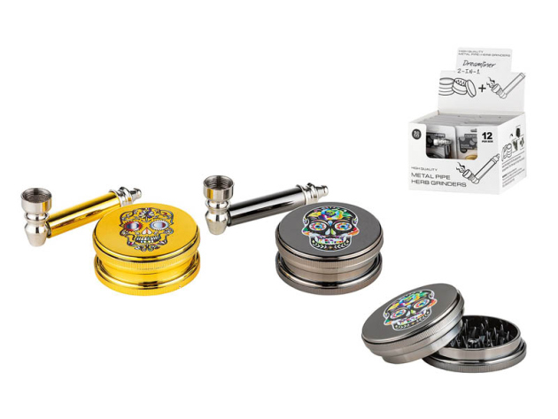 Grinder-Pfeifen-Set "Totenkopf", Grinder 2-tlg. Ø6cm, 2-fach sortiert, 12er Display