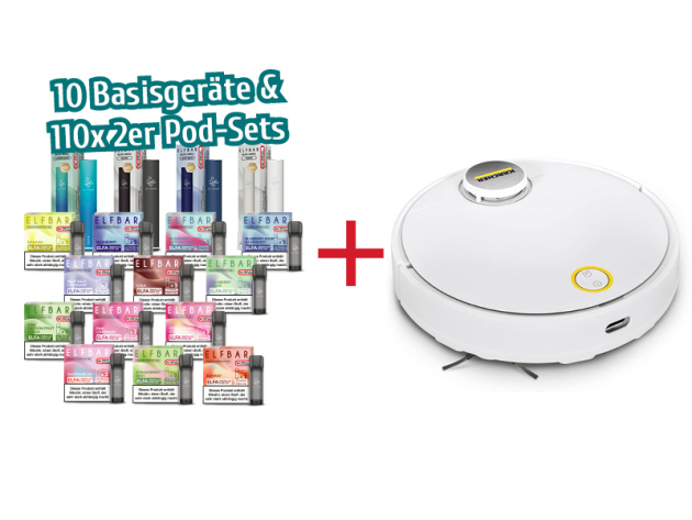 ELFBAR ELFA - 10 Basisgeräte & 110x 2er Pod-Sets mit Nikotin + Kärcher Saugroboter RCV 3