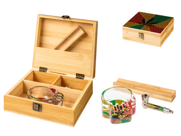 Selberdreher Set aus Holz mit Glaspfeife, Aschenbecher und Tray